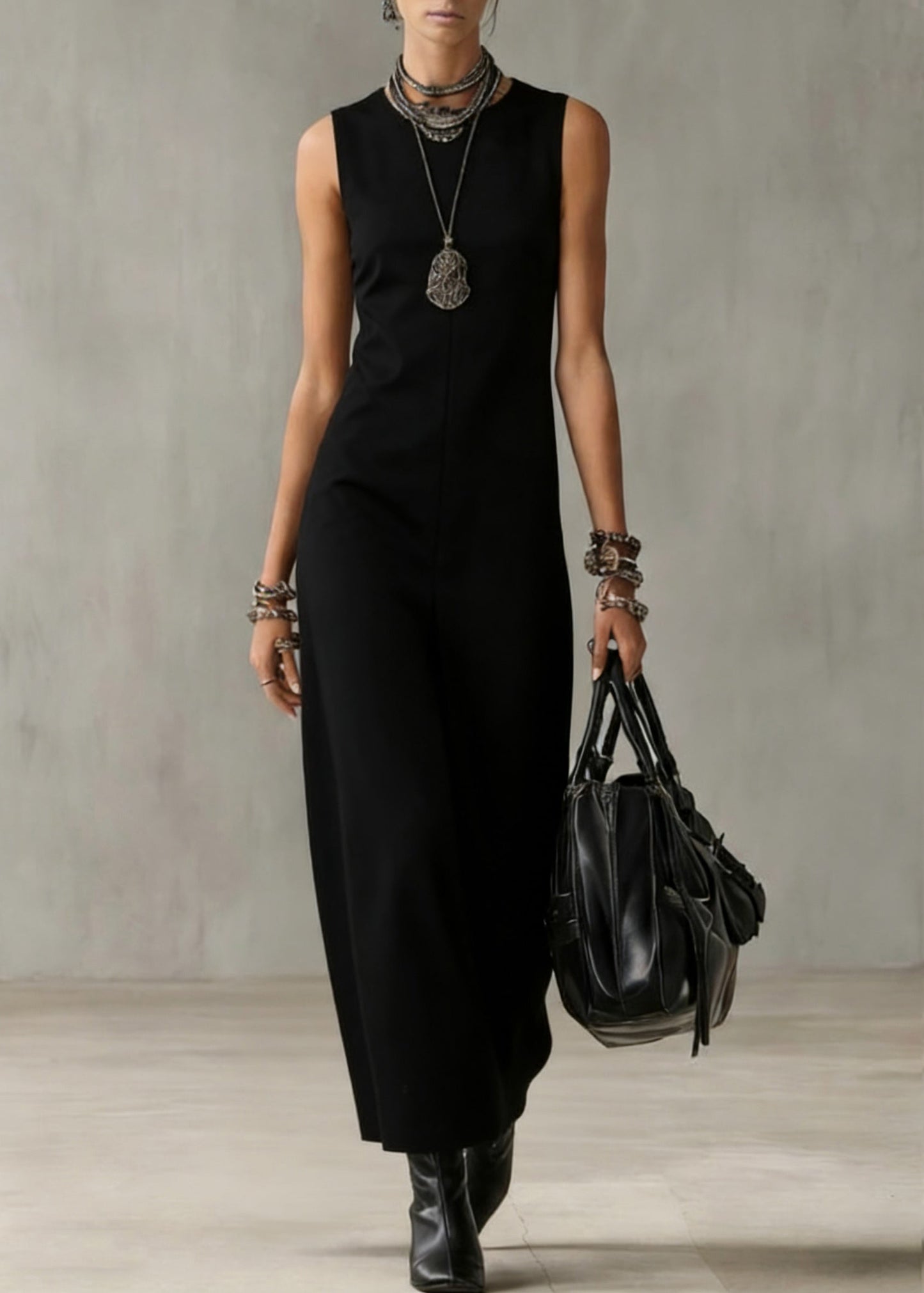 Women Black O Neck Solid Cotton Long Dress Sleeveless