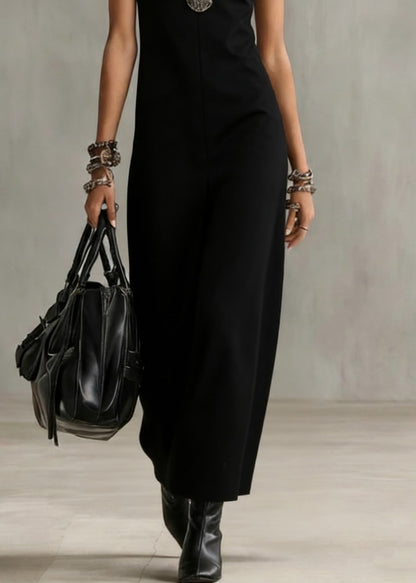 Women Black O Neck Solid Cotton Long Dress Sleeveless