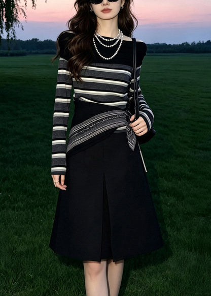 Women Black O-Neck Striped Three Piece Set Fall