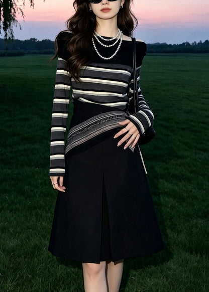 Women Black O-Neck Striped Three Piece Set Fall