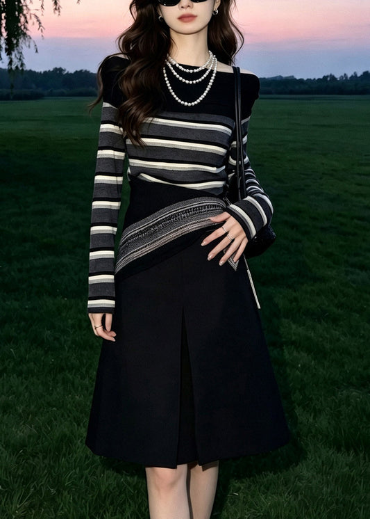 Women Black O-Neck Striped Three Piece Set Fall