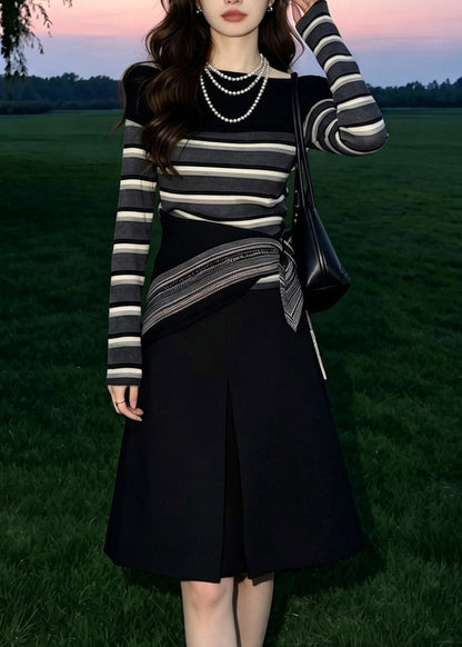 Women Black O-Neck Striped Three Piece Set Fall