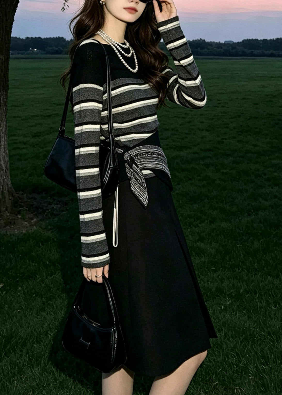 Women Black O-Neck Striped Three Piece Set Fall