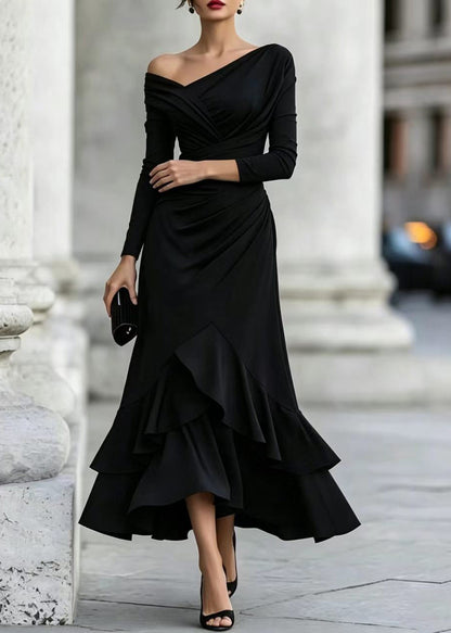 Women Black One Shoulder Asymmetrical Ruffled Long Dress Fall