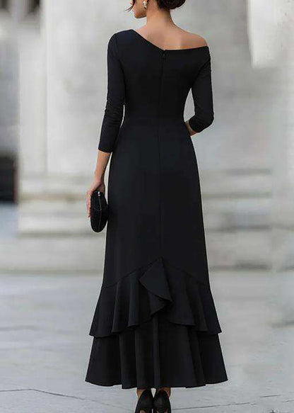 Women Black One Shoulder Asymmetrical Ruffled Long Dress Fall