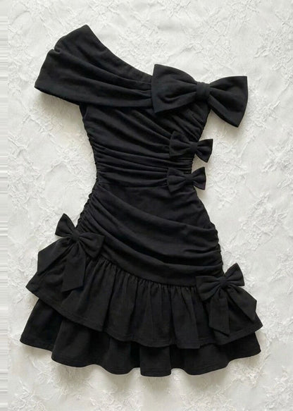 Women Black One Shoulder Bow Wrinkled Cotton Party Dress Summer