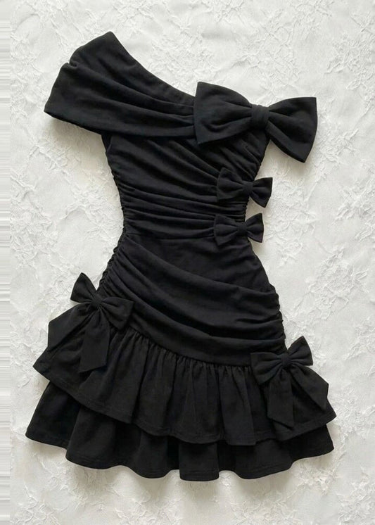 Women Black One Shoulder Bow Wrinkled Cotton Party Dress Summer