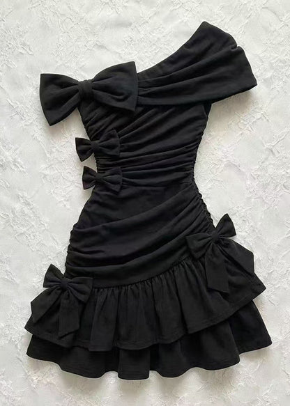 Women Black One Shoulder Bow Wrinkled Cotton Party Dress Summer