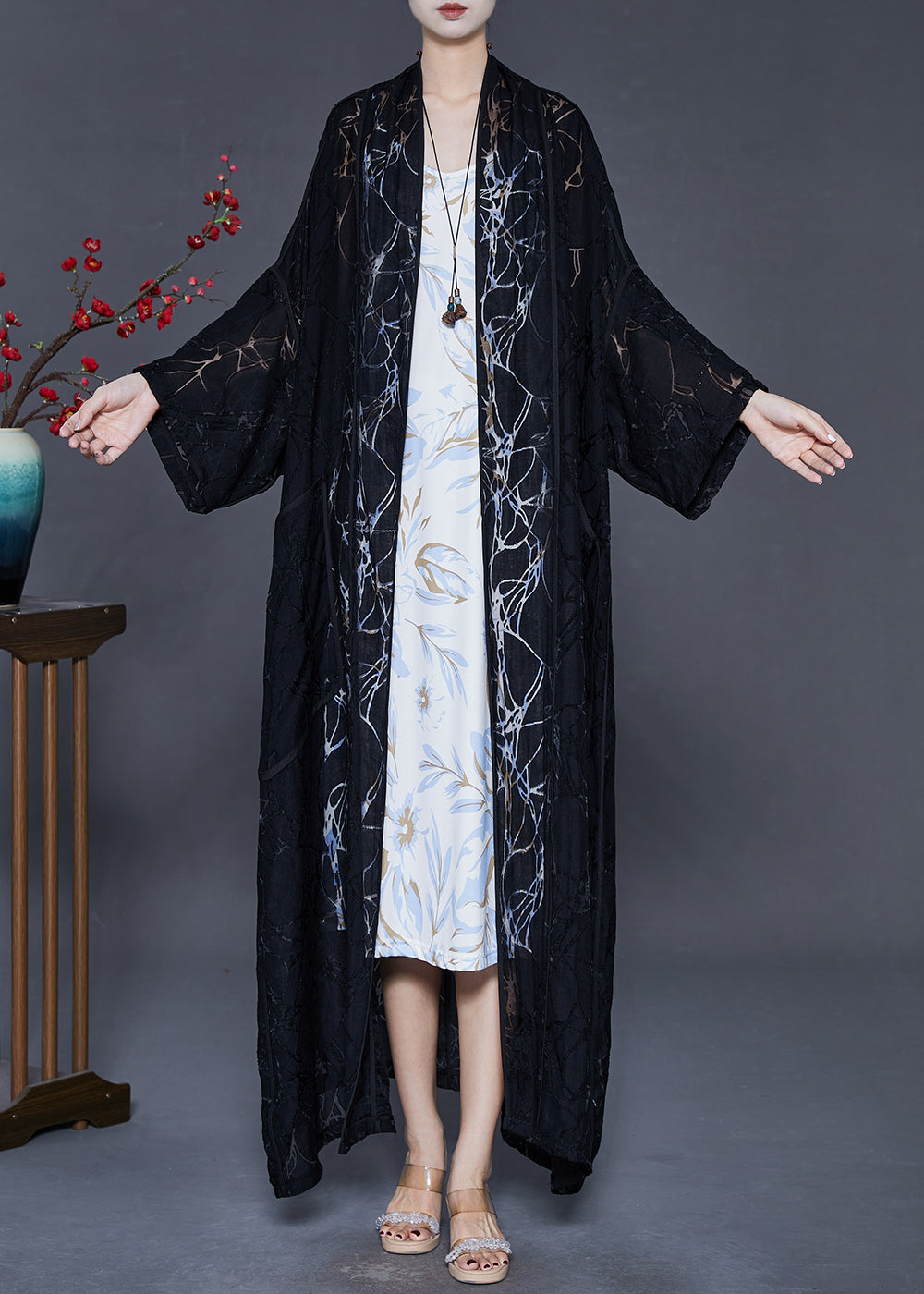 Women Black Oversized Hollow Out Chiffon Cardigan Spring