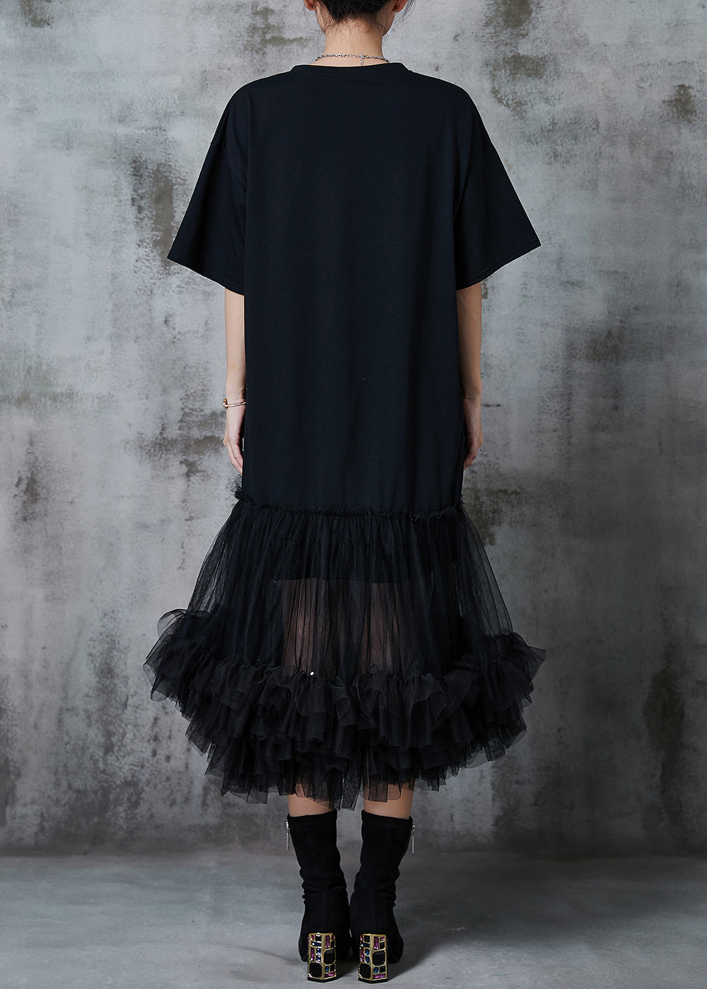 Women Black Oversized Patchwork Cotton Party Dress Summer