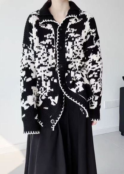 Women Black Oversized Print Thick Knit Cardigans Winter