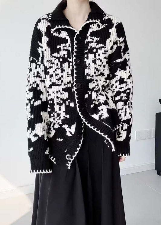 Women Black Oversized Print Thick Knit Cardigans Winter