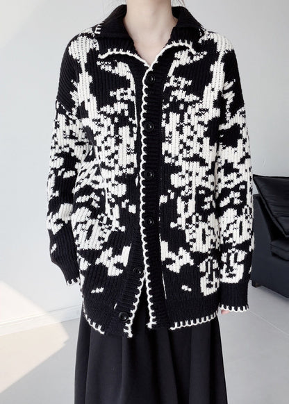 Women Black Oversized Print Thick Knit Cardigans Winter