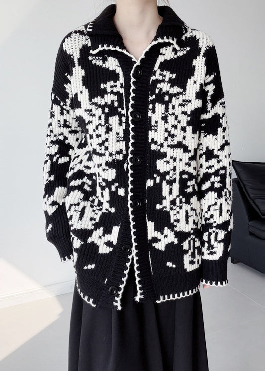 Women Black Oversized Print Thick Knit Cardigans Winter