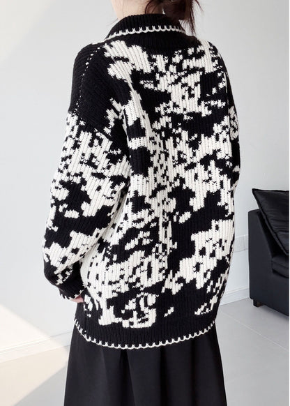 Women Black Oversized Print Thick Knit Cardigans Winter