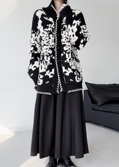Women Black Oversized Print Thick Knit Cardigans Winter