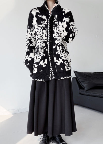 Women Black Oversized Print Thick Knit Cardigans Winter