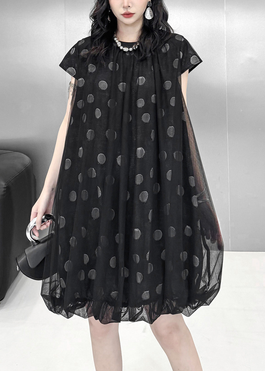 Women Black Oversized Print Tulle Vacation Dress Summer