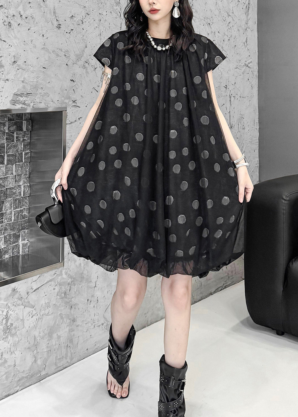 Women Black Oversized Print Tulle Vacation Dress Summer