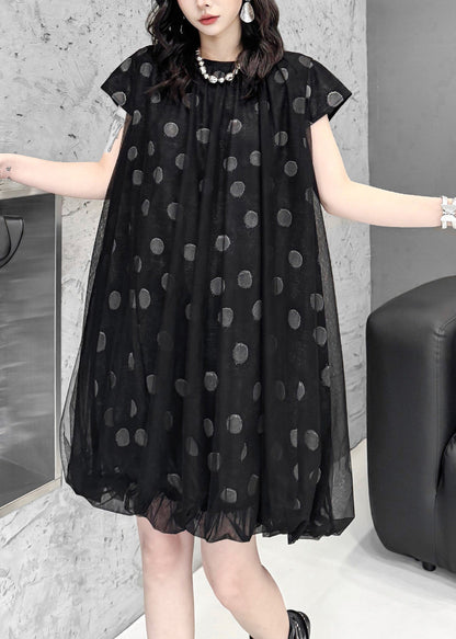 Women Black Oversized Print Tulle Vacation Dress Summer