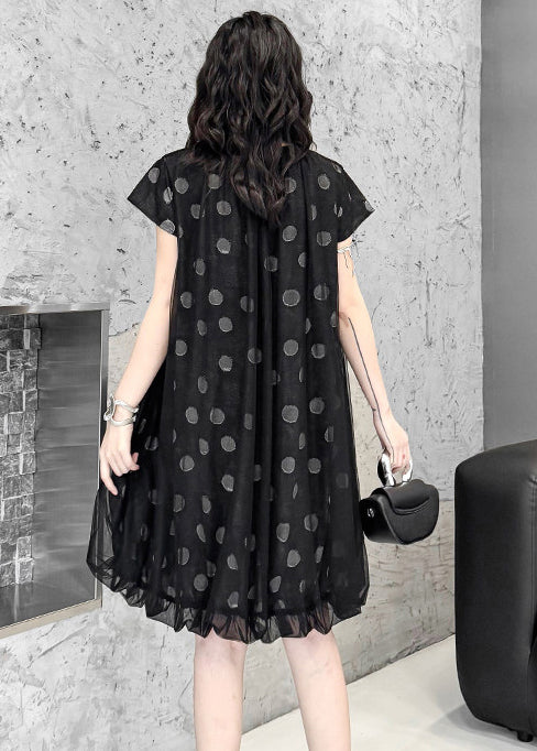 Women Black Oversized Print Tulle Vacation Dress Summer