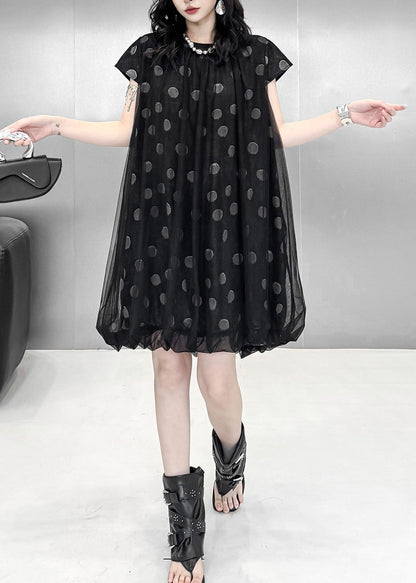 Women Black Oversized Print Tulle Vacation Dress Summer