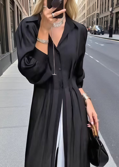 Women Black Oversized Wrinkled Chiffon Shirt Dresses Summer