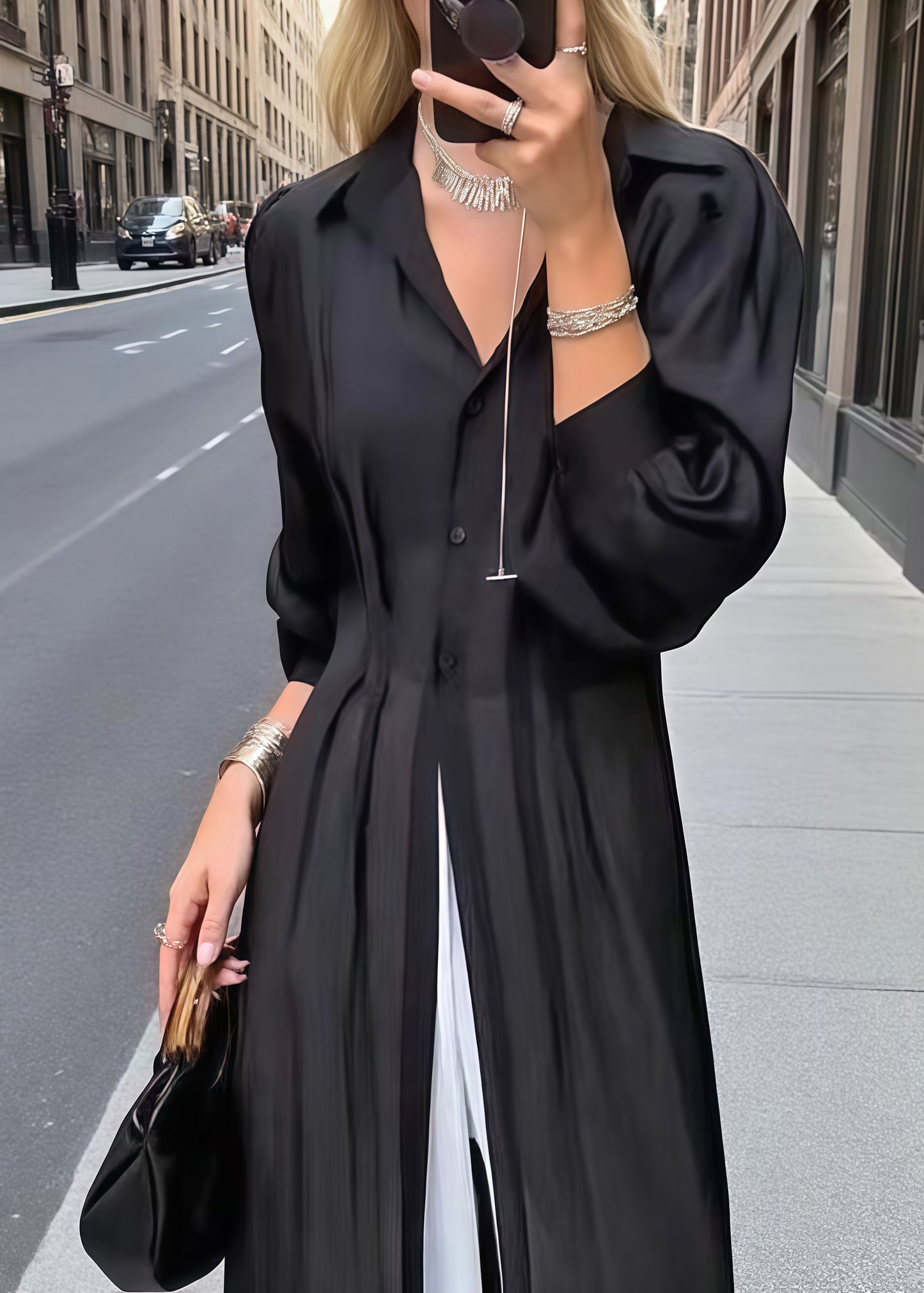 Women Black Oversized Wrinkled Chiffon Shirt Dresses Summer