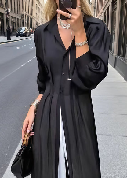 Women Black Oversized Wrinkled Chiffon Shirt Dresses Summer