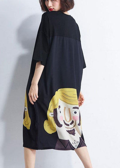 Women Black Patchwork Character Summer Maxi Dresses Half Sleeve - SooLinen