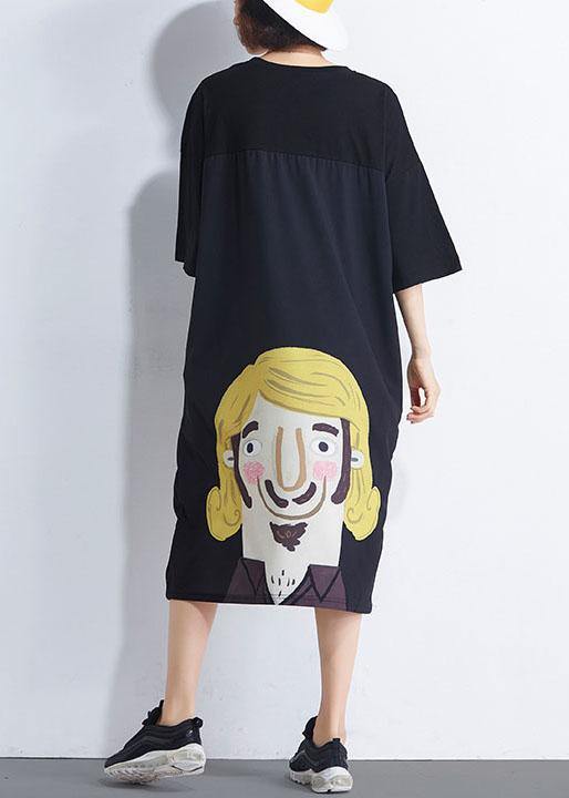 Women Black Patchwork Character Summer Maxi Dresses Half Sleeve - SooLinen