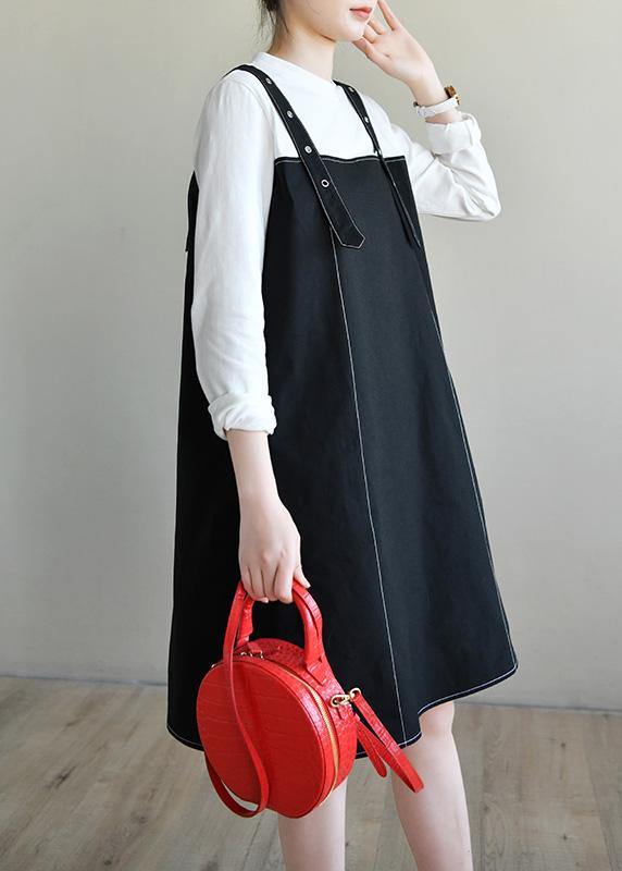 Women Black Patchwork Cotton Dress Two Piece Set Women Clothing - SooLinen