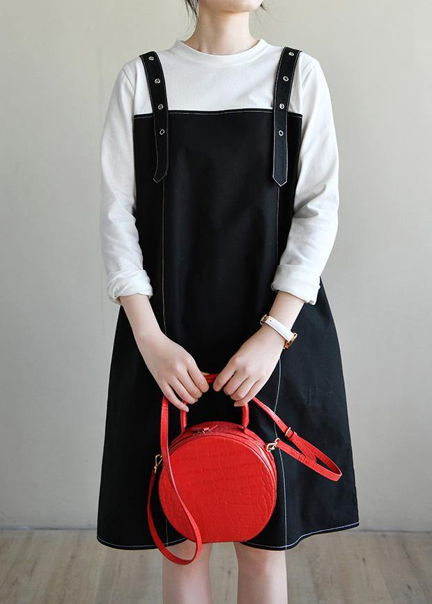 Women Black Patchwork Cotton Dress Two Piece Set Women Clothing - SooLinen