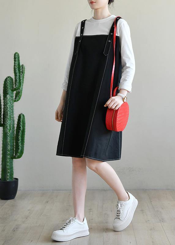 Women Black Patchwork Cotton Dress Two Piece Set Women Clothing - SooLinen