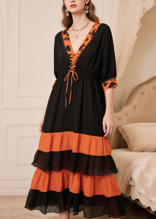 Women Black Patchwork Cross Strap Chiffon Maxi Dresses Summer