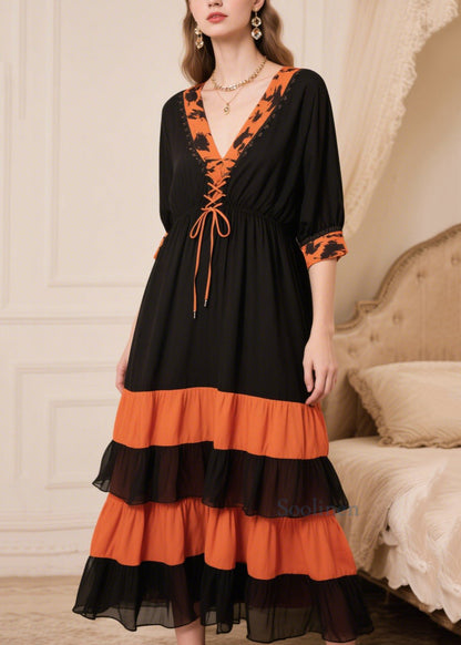 Women Black Patchwork Cross Strap Chiffon Maxi Dresses Summer