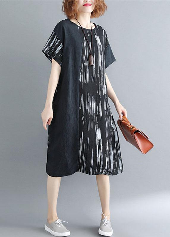 Women Black Patchwork Striped O Neck Cotton Maxi Dresses - SooLinen