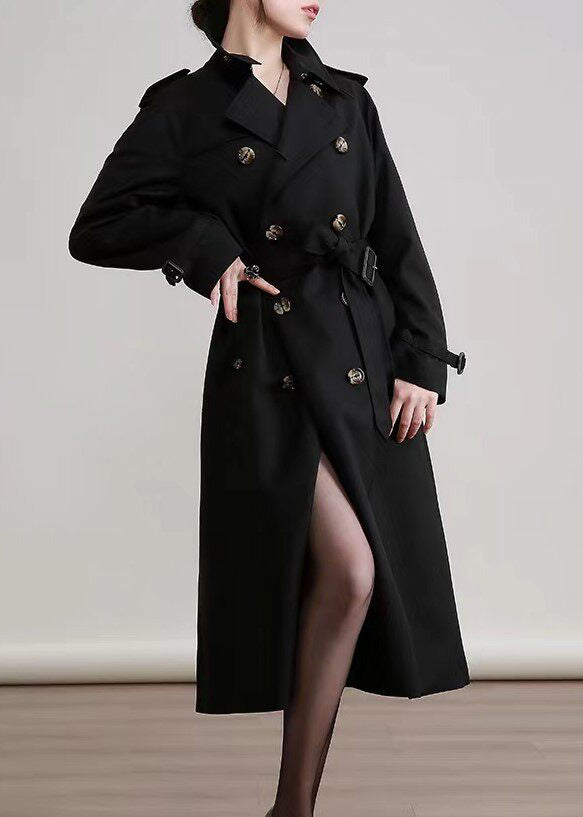 Women Black Peter Pan Collar Double Breast Cotton Trench Spring