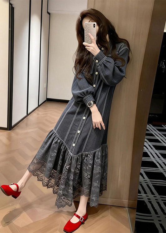 Women Black Peter Pan Collar Lace Patchwork Denim Dress Spring