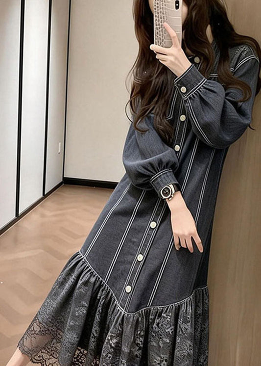 Women Black Peter Pan Collar Lace Patchwork Denim Dress Spring