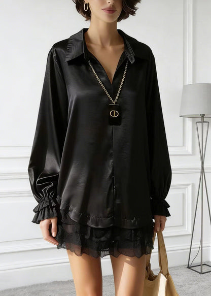 Women Black Peter Pan Collar Lace Patchwork Silk Shirt Tops Spring