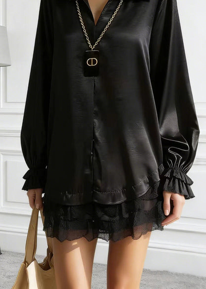Women Black Peter Pan Collar Lace Patchwork Silk Shirt Tops Spring