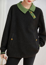 Load image into Gallery viewer, Women Black Peter Pan Collar Patchwork Teddy Faux Fur Sweatshirts Top Winter