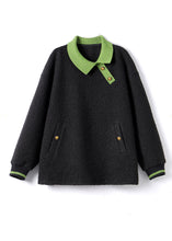 Load image into Gallery viewer, Women Black Peter Pan Collar Patchwork Teddy Faux Fur Sweatshirts Top Winter