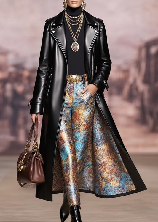 Women Black Peter Pan Collar Pockets Faux Leather Coat Spring