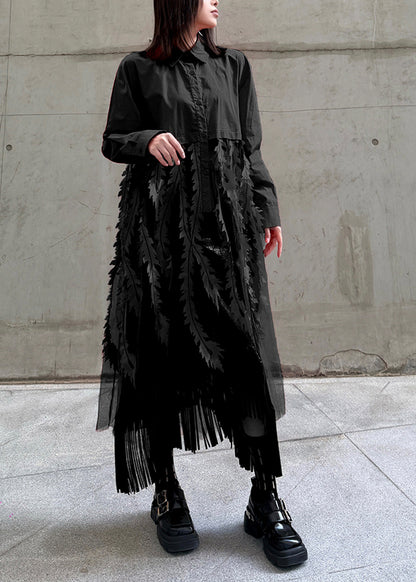 Women Black Peter Pan Collar Tulle Patchwork Cotton Shirts Dress Long Sleeve