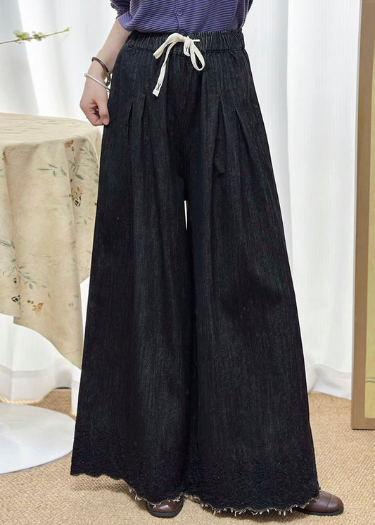 Women Black Pockets Elastic Waist Denim Wide Leg Pants Fall