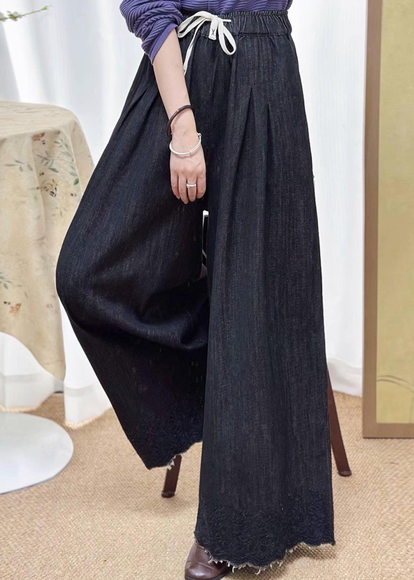 Women Black Pockets Elastic Waist Denim Wide Leg Pants Fall