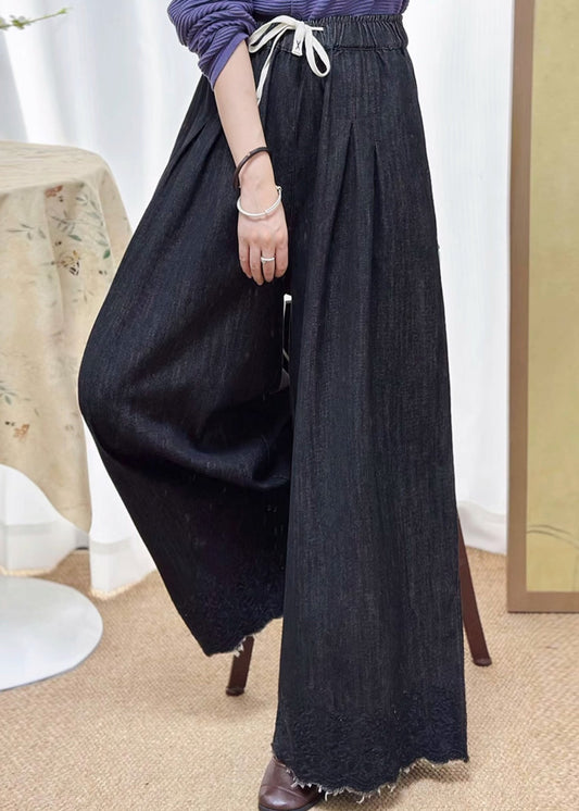 Women Black Pockets Elastic Waist Denim Wide Leg Pants Fall