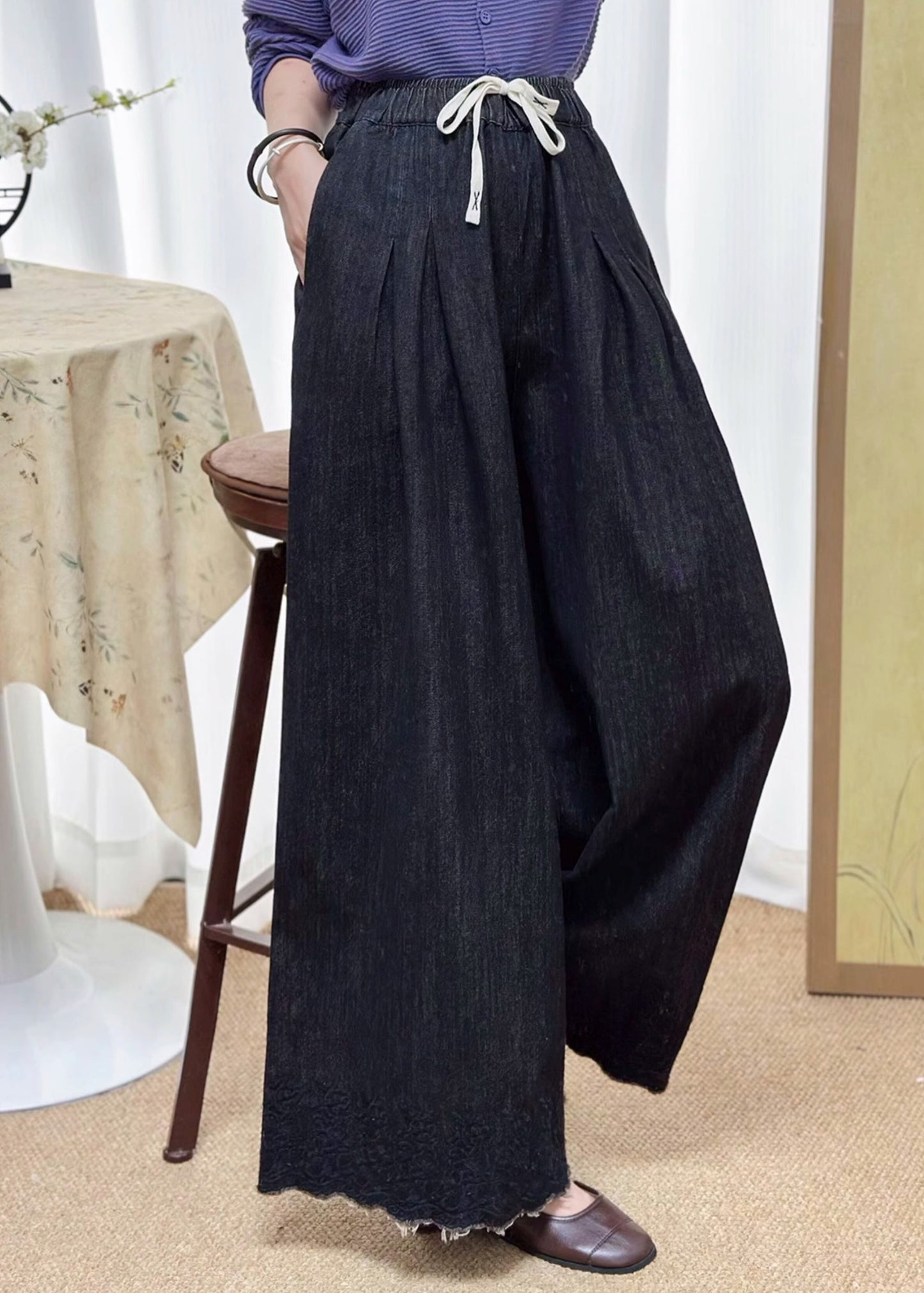 Women Black Pockets Elastic Waist Denim Wide Leg Pants Fall
